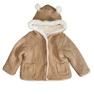Baby Gap Sherpa  Lined Brannon Bear Knit Sweater Jacket Tan 6-12